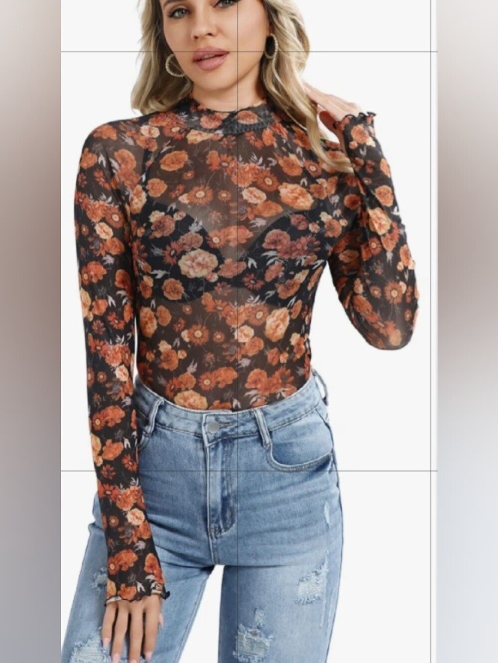 Floral Mesh Long-Sleeve Top - Black with Burnt Orange Flowers NWOT